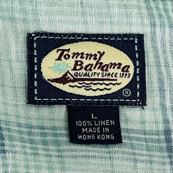 Tommy Bahama Large Vintage Loop Collar Board Shirt 100% Linen Green Blue Plaid - Picture 3 of 4